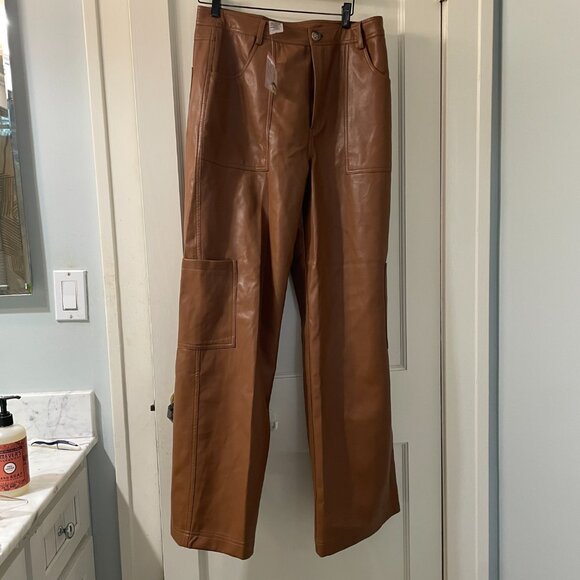 New Sans Souci Faux leather High waist wide leg pants Brown size M - Picture 2 of 11